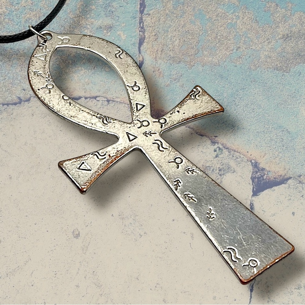 Large Polished Silver Tone Anhk Cross Pendant on Black Cord Necklace Statement